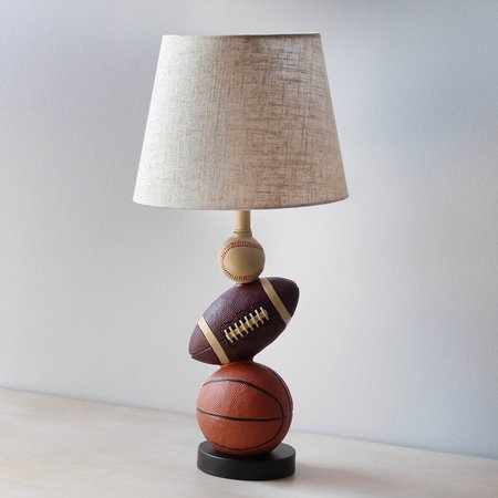 Simple Designs 22 Sports Combo Basketball, Baseball, Football Polyresin Table Lamp, Light Beige Tapered Drum Shade LT1082-SPT